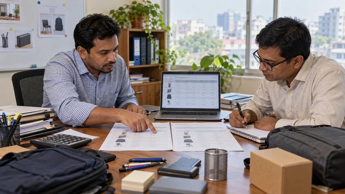 Male procurement professionals comparing supplier offers in a practical office workshop